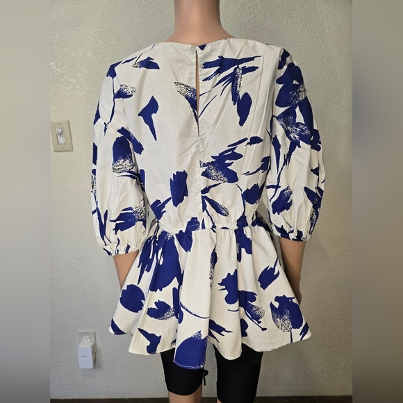 Jason Wu White/ Blue  Puff Sleeve Peplum Top Size 8 V-Neck - Picture 8 of 11